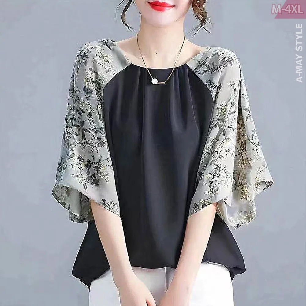 【Amay Style 艾美時尚】中大尺碼女裝 T恤 日系氣質拼接感印花七分袖上衣。M-4XL(印花.預購)