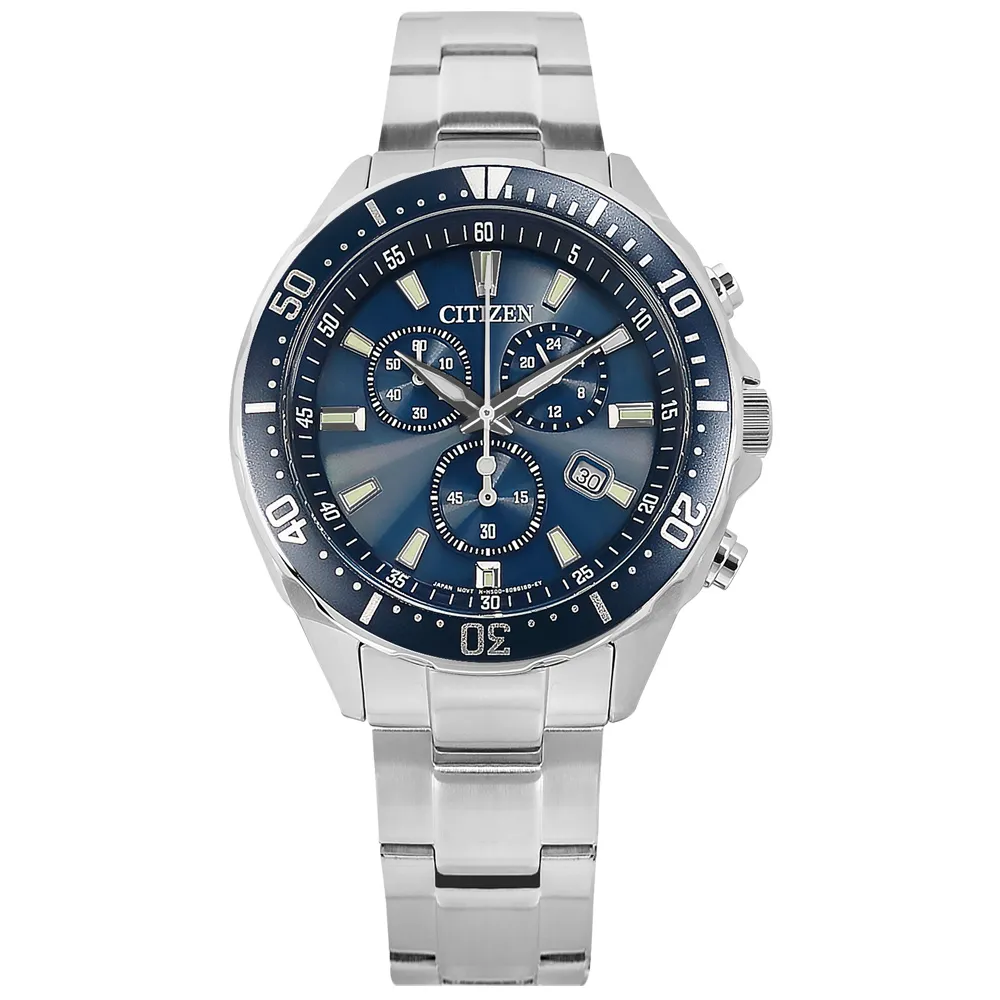 【CITIZEN 星辰】光動能 三眼計時 日期 日本機芯 防水100米 不鏽鋼手錶 藍色 41mm(VO10-6772F)