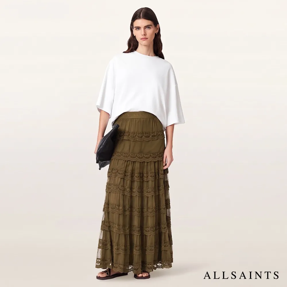 【ALLSAINTS】MAGGIE 多層蕾絲薄紗拼接長裙-軍綠 W100RF(常規版型)