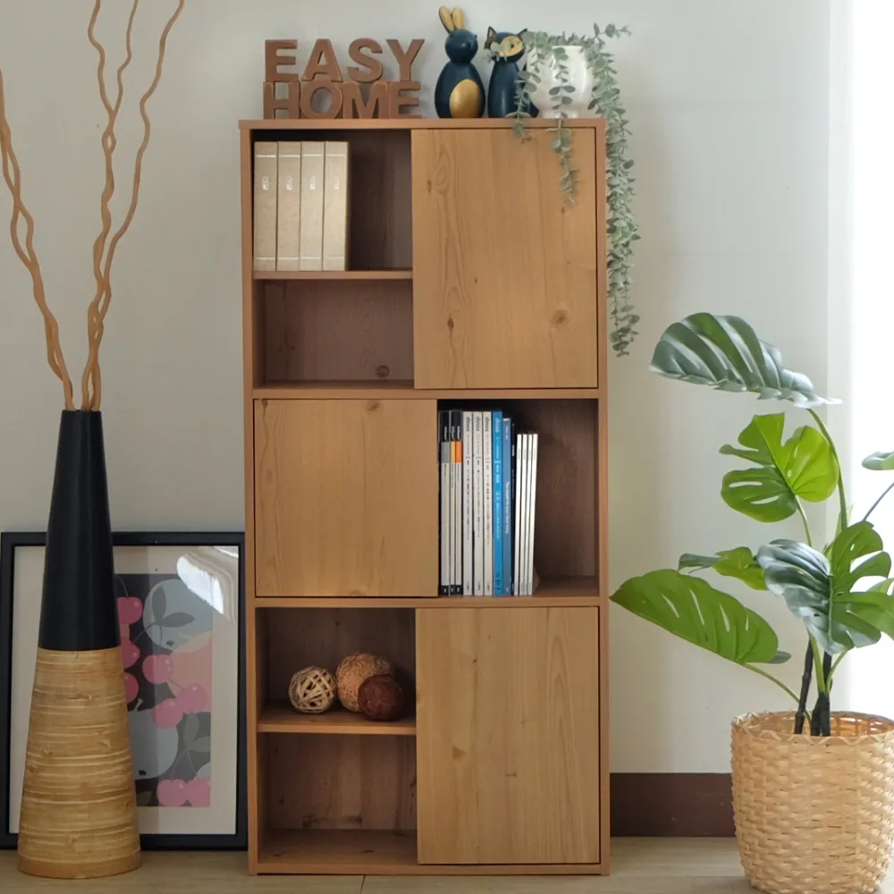 【EASY HOME】台灣製 -三門六格多用途收納書櫃-北歐原木色(書櫃 收納櫃 置物櫃 雜誌櫃)