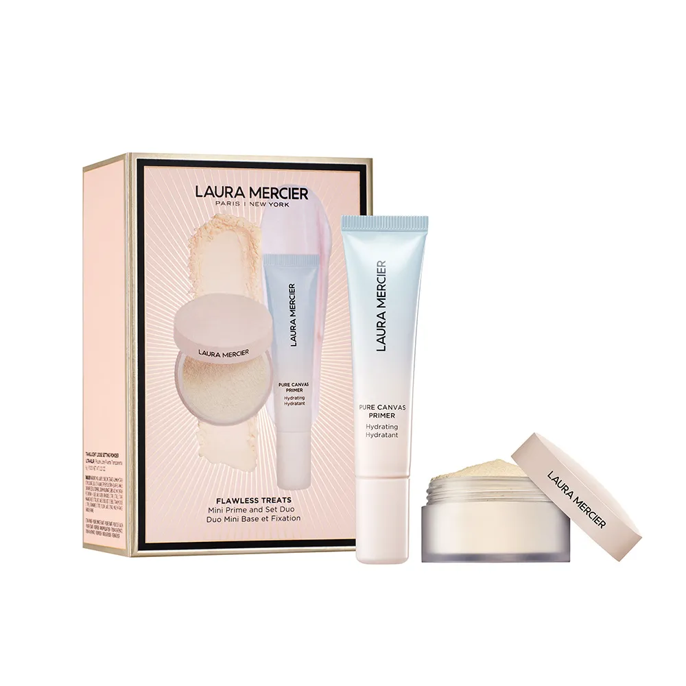 即期品【LAURA MERCIER 蘿拉蜜思】甜漾聖誕 煥顏底妝旅行隨身組(禮盒內含持妝凝露15ml+透明柔霧蜜粉6g)