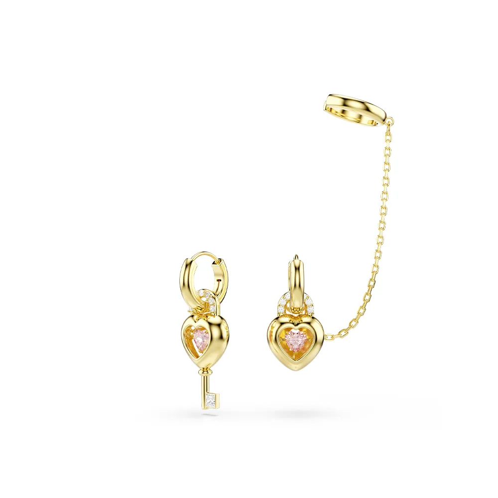 【SWAROVSKI 施華洛世奇】官方直營 Idyllia 愛心與鑰匙垂墜式耳環和耳骨夾 粉紅色 鍍金色色調 | 5737294