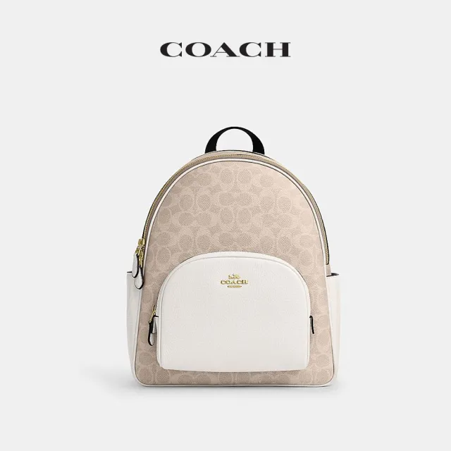 【COACH】蔻馳官方直營 COURT 經典SIGNATURE後背包 雙肩包-IM/沙黃色/粉筆白色(CZ176)