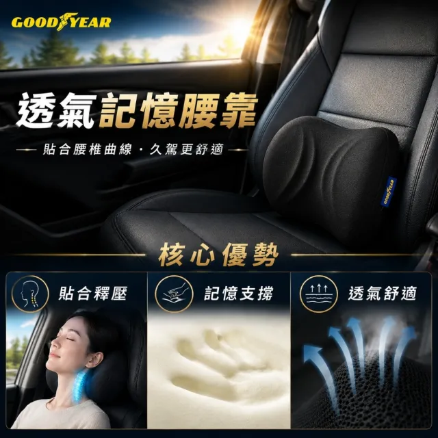 【GOODYEAR 固特異】記憶頭枕腰靠組 減壓頭枕｜車用頭枕｜記憶泡棉頭枕｜減壓腰靠｜車用腰靠枕