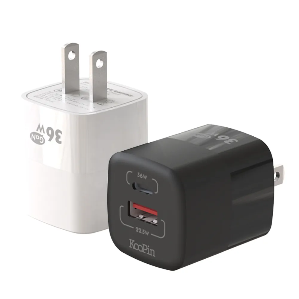 【KooPin】36W氮化鎵 雙孔PD+QC 手機急速快充充電器(雙孔1A1C)