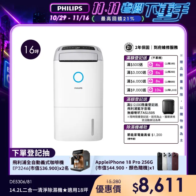 【Philips 飛利浦】2026新一級能效★14.2L抗敏清淨除濕機-星空灰(DE5306/81)