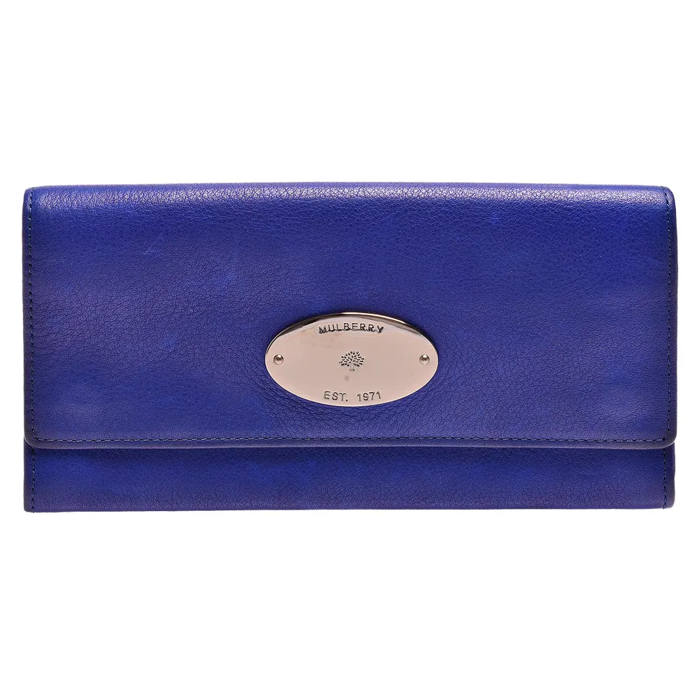 【MULBERRY】經典Ccontinental系列金屬品牌LOGO小牛皮暗釦長夾(電光藍-展示品RL8480-596-BLUE)