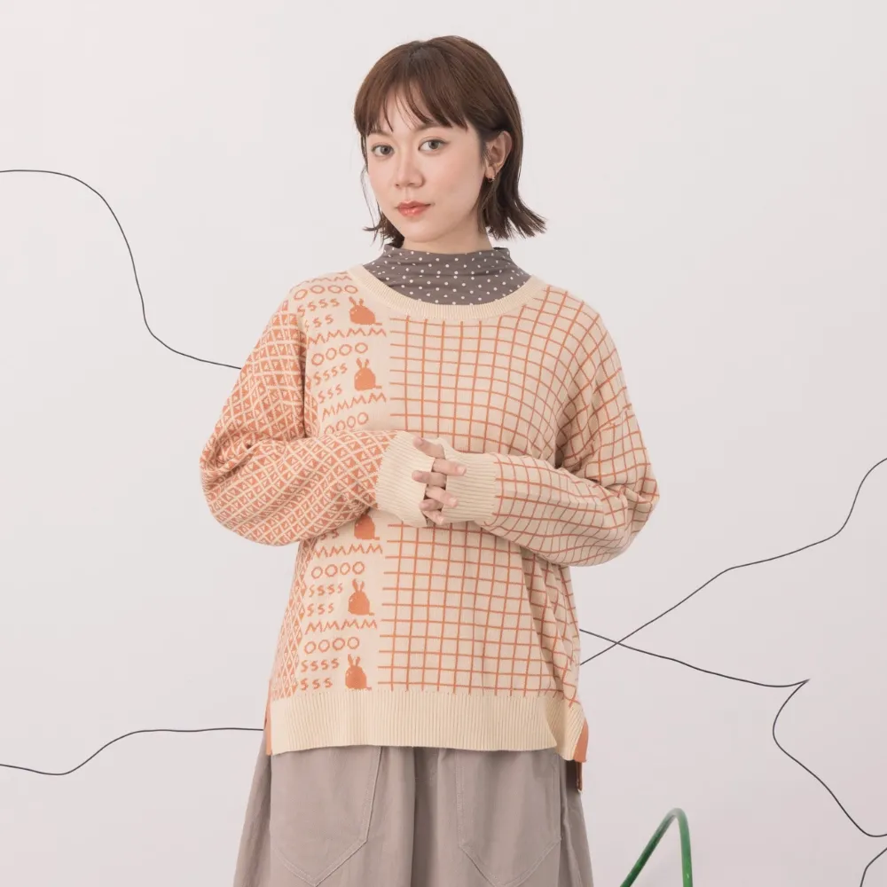 【MOSS CLUB】復古圖騰拼接格紋緹花針織上衣(藍 桔 灰/魅力商品)