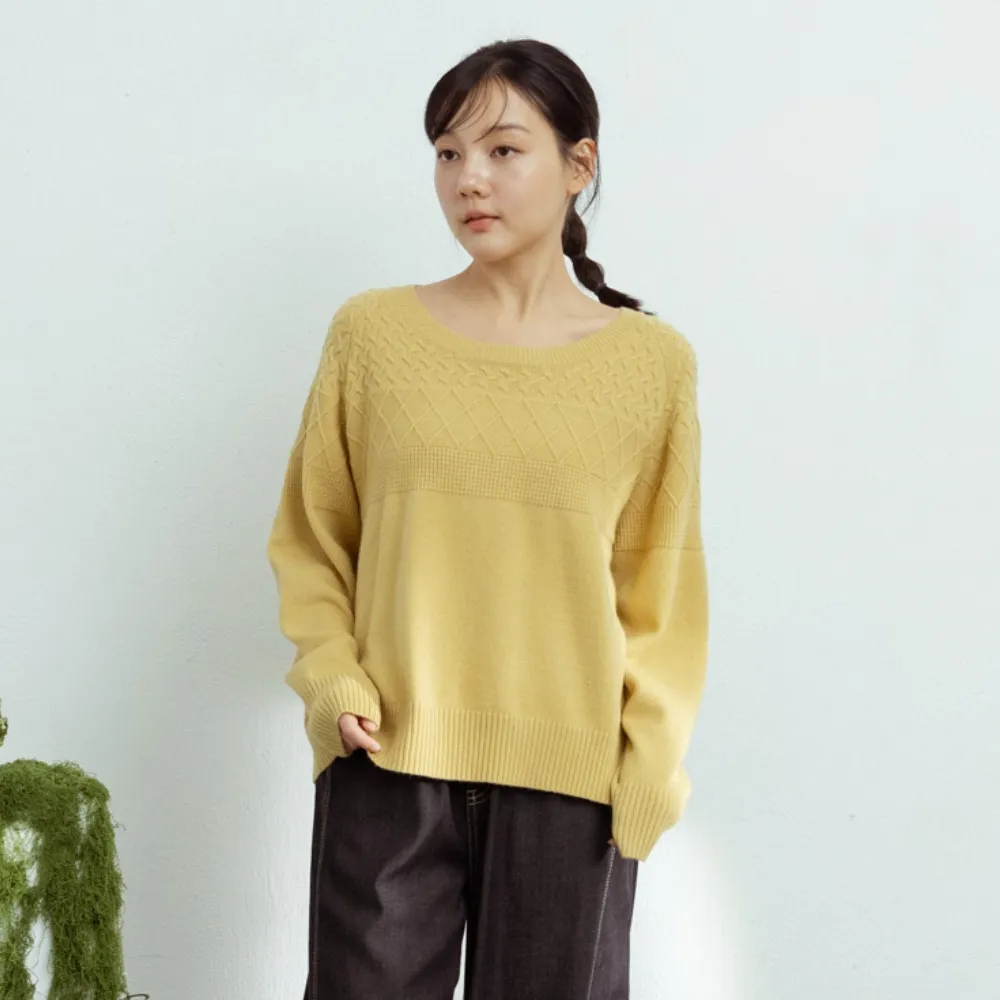 【MOSS CLUB】親膚立體編織紋拉克蘭袖針織上衣(藍 卡 黃/魅力商品)