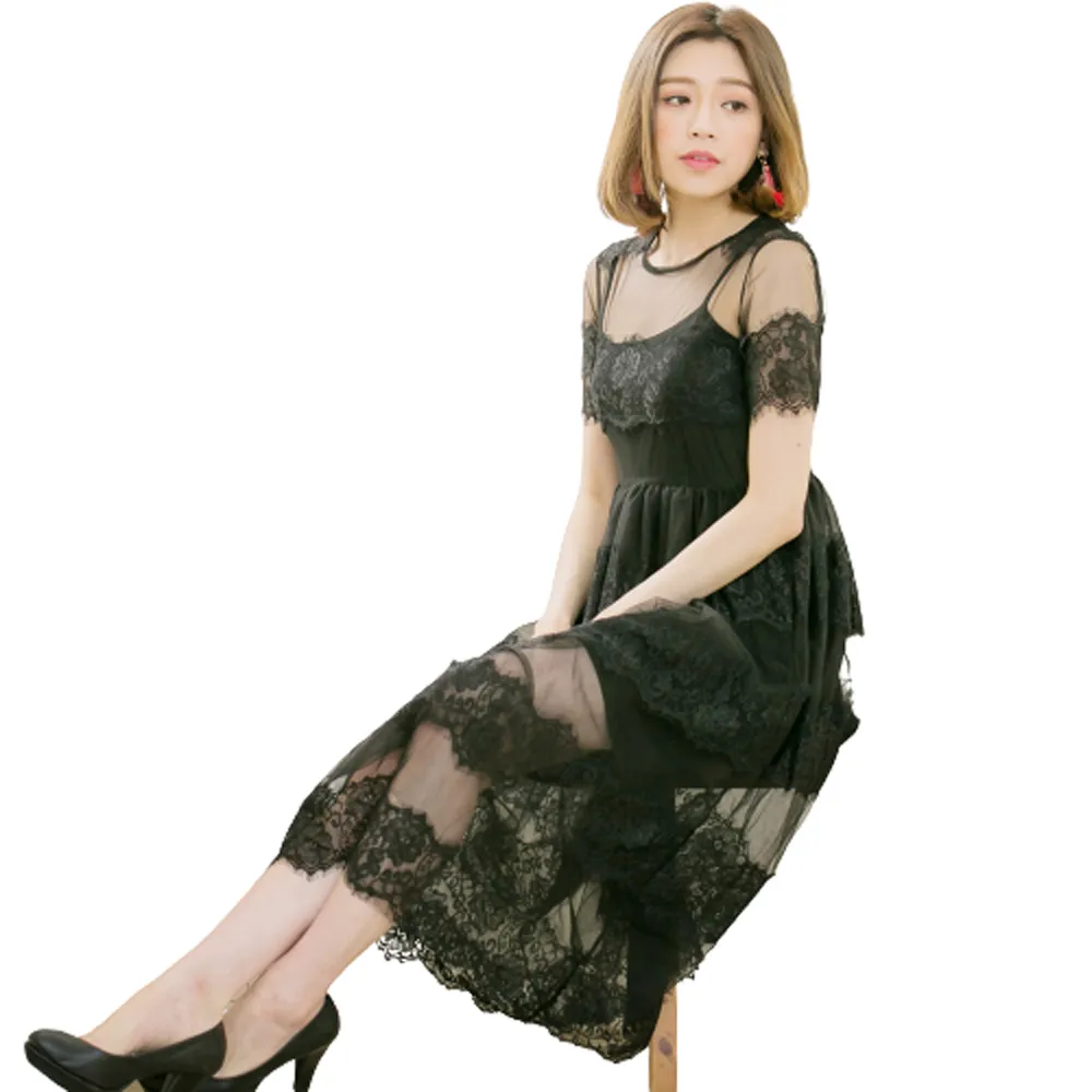 【lingling】睫毛網紗蕾絲長洋裝+細肩帶連身小可愛PA3385(迷人黑)