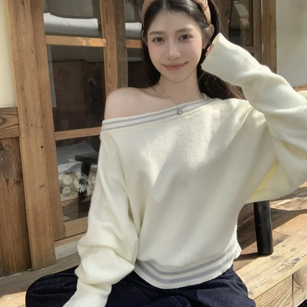 【D.studio】韓版絕美一字肩露肩針織上衣 毛衣 露肩上衣長袖上衣衣服保暖上衣秋冬女裝發熱衣保暖衣W695