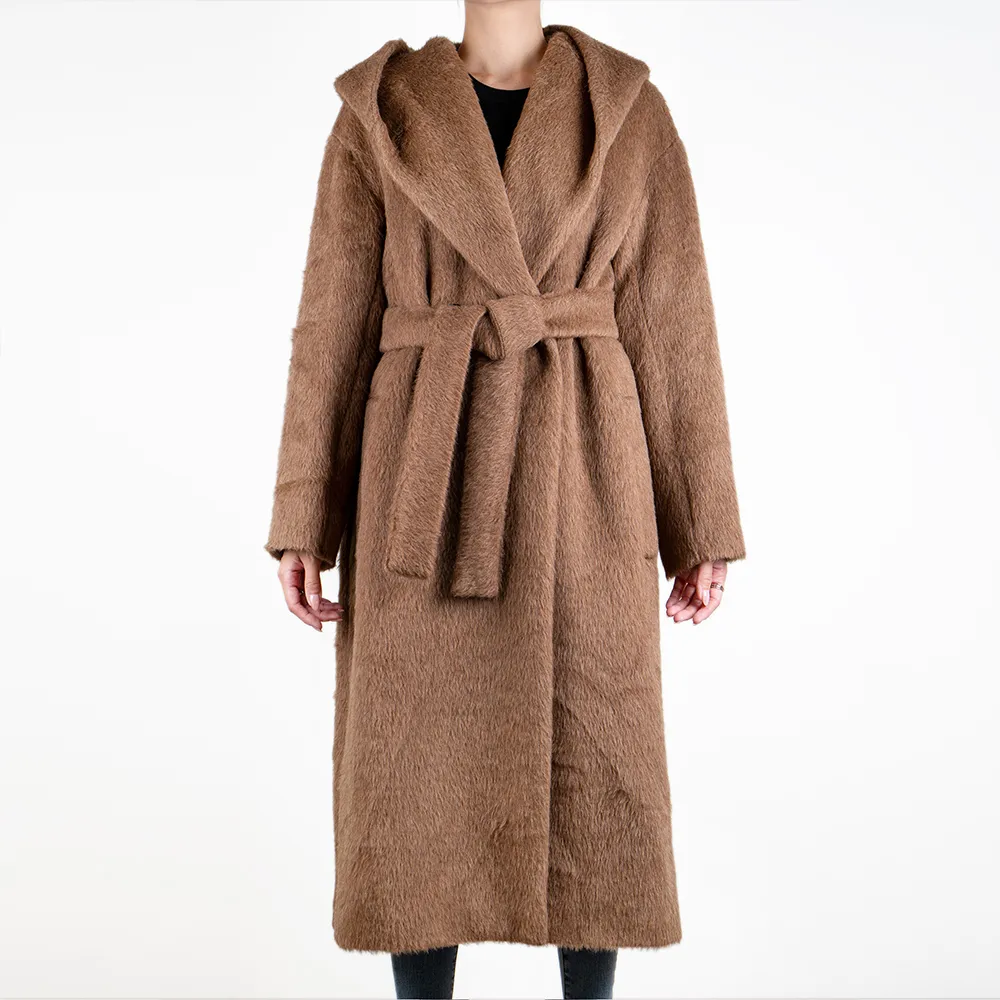 【MaxMara】Egeria 女士落肩連帽毛呢長版綁帶大衣(駝色)