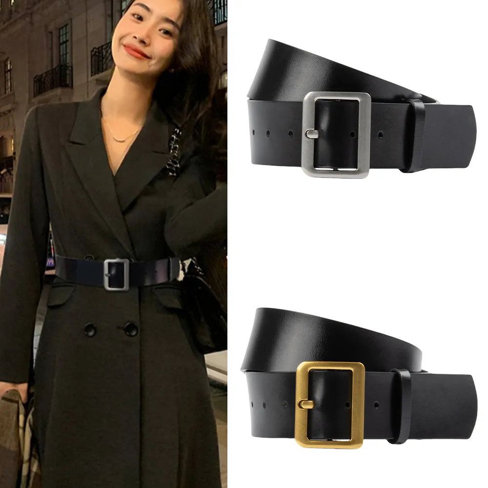 【MoonDy】皮帶 腰帶 腰封 寬腰帶 真皮皮帶 牛皮腰帶 方頭腰帶 黑色腰帶 金扣腰帶 真皮腰 