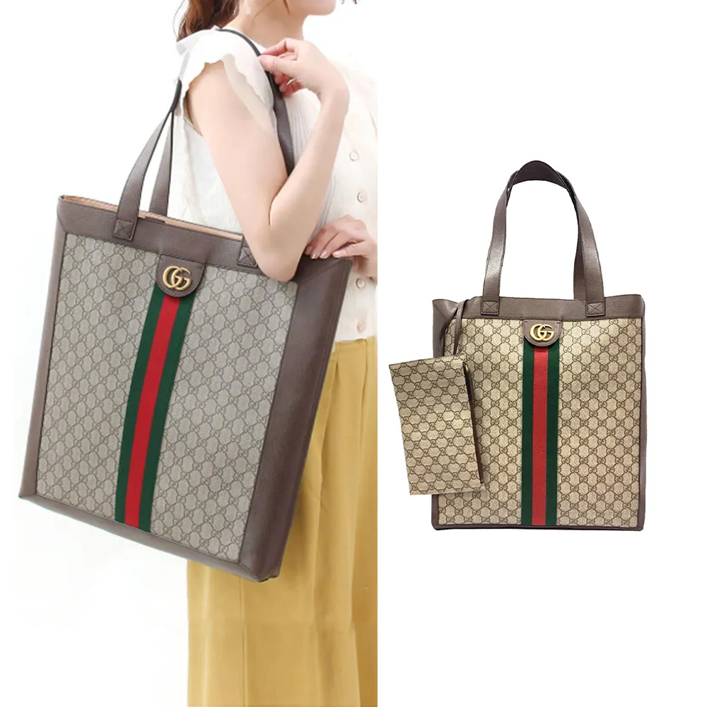 【GUCCI 古馳】779887經典GG LOGO綠紅綠織帶直立式肩背托特包(棕色)