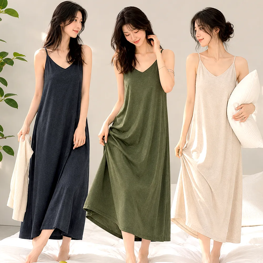 【Kosmiya】1套 固定胸墊 沁涼莫代爾感 慵懶午後睡裙/女睡衣/居家服/連身洋裝/洋裝(3色/均碼/加大碼)