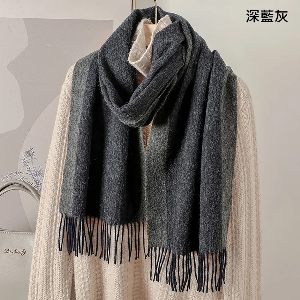 【VEDINA】100%美麗諾羊毛加長版雙色流蘇圍巾35*196 cm(藍棕灰黑色拚色/男女保暖質感披肩圍脖)