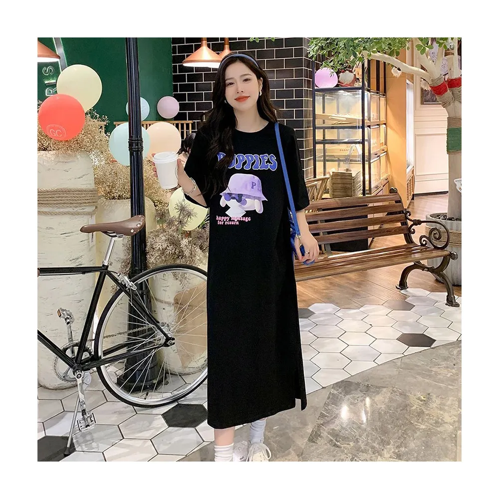 【HanVo】現貨 PUPPIES造型狗狗長洋裝(百搭舒適寬鬆連衣裙 韓系女裝中長裙 女生衣著 A06-3706)