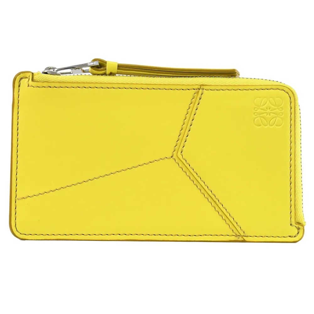 【LOEWE 羅威】PUZZLE 經典烙印LOGO幾何拼接小牛皮信用卡名片零錢包(黃)