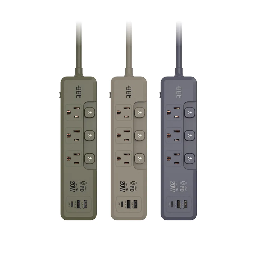 【+886】極野家 3開3插2USB+1Type C PD 20W 快充延長線1.8米 V2 HPS2332(3色可選)台灣製 手機快充