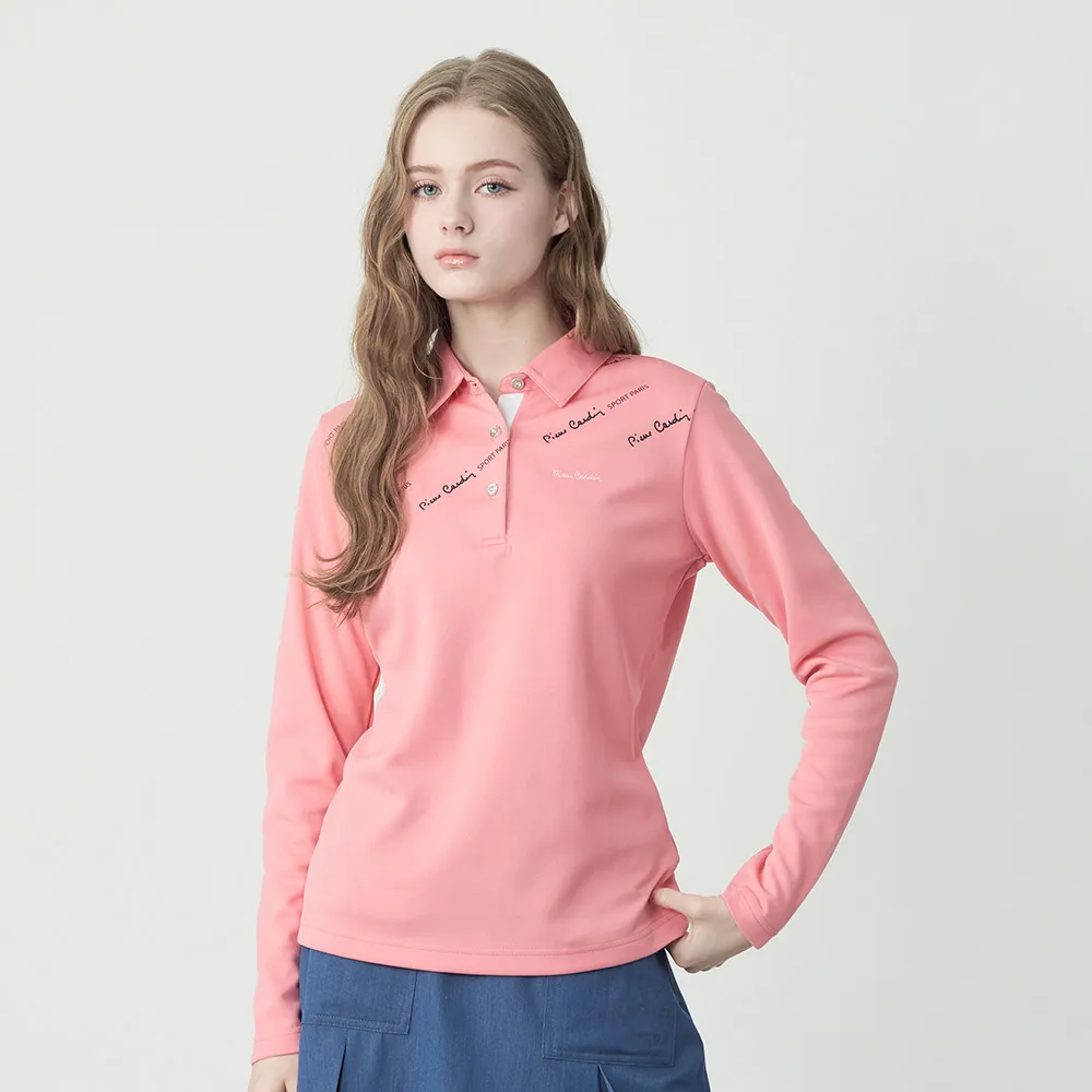 【pierre cardin 皮爾卡登】網路獨家 女款 吸濕排汗印花襯衫領長袖POLO衫-珊瑚粉色(8255292-72)