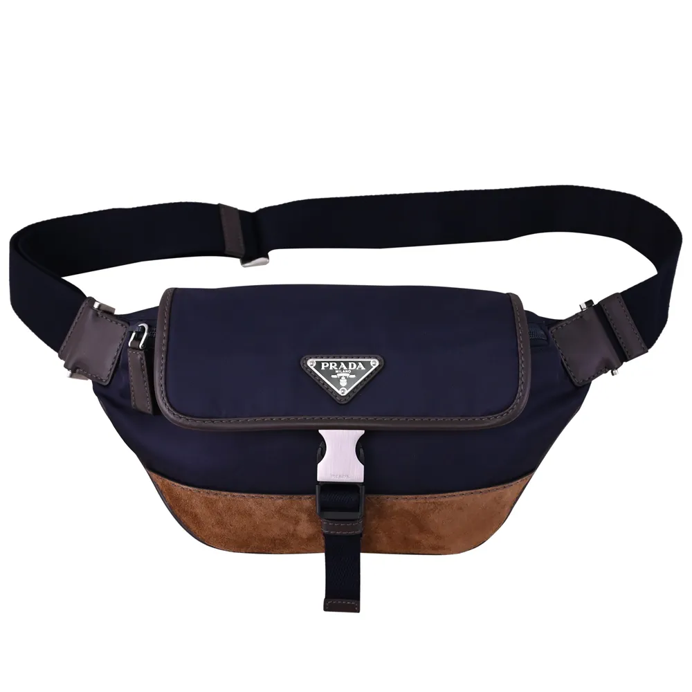 【PRADA 普拉達】Re-Nylon 三角LOGO拼接三用翻蓋後背胸口包腰包(深藍)