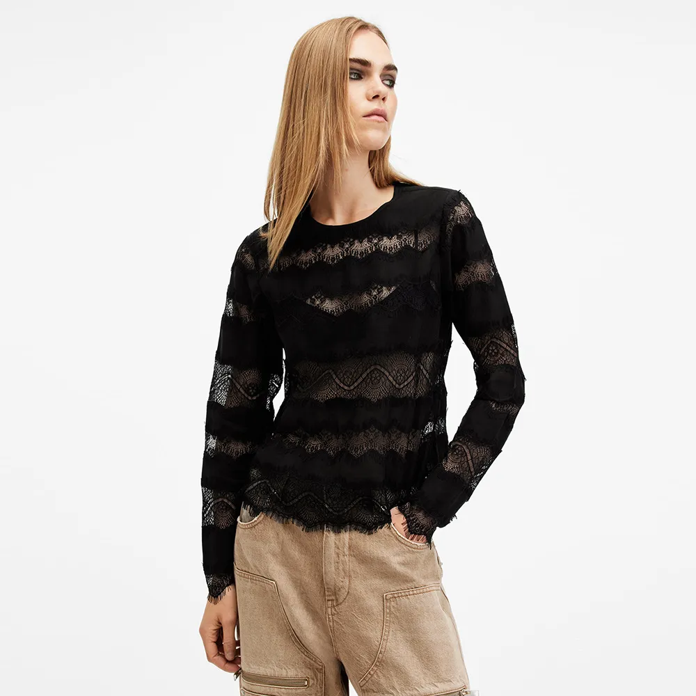 【ALLSAINTS】TIFF 蕾絲透膚條紋造型上衣 W030PB(常規版型)