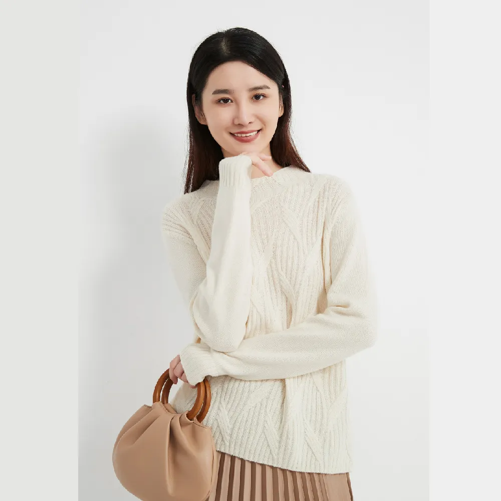 【SHOKAY】雙11 女士圓領麻花針織氂牛絨毛衣-米白(AW-SW-HB_AL)