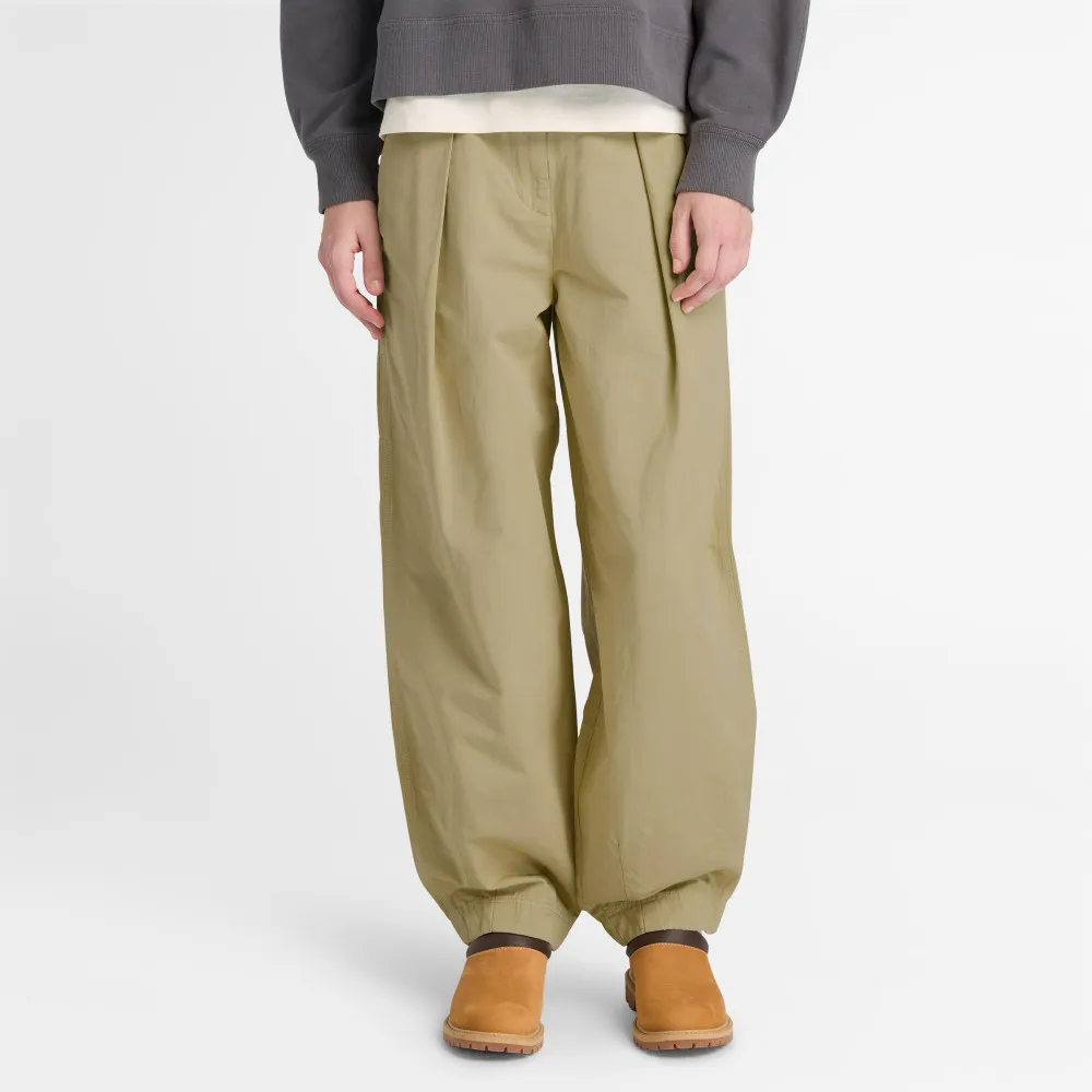 【Timberland】女款灰綠色寬版棉麻長褲(A42NF590)