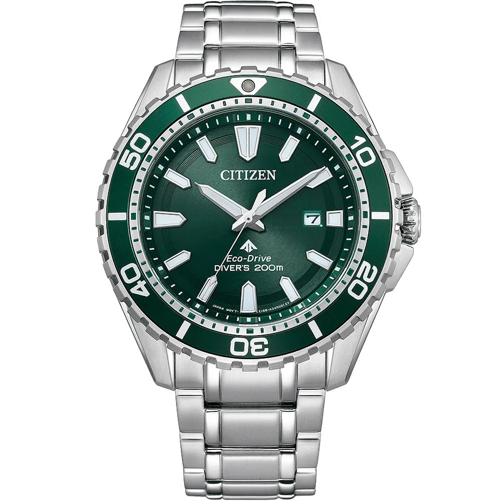 【CITIZEN 星辰】PROMASTER MARINE 光動能200米潛水錶-銀x綠/44.5mm 錶 生日禮 送禮(BN0199-53X)