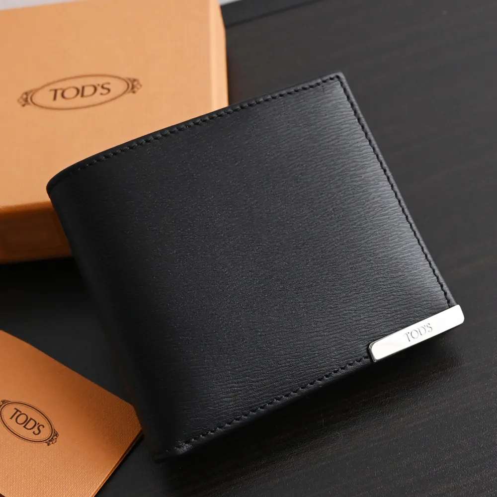 【TOD’S】TODS 金屬T LOGO水波紋牛皮雙層4卡零錢短夾(黑)