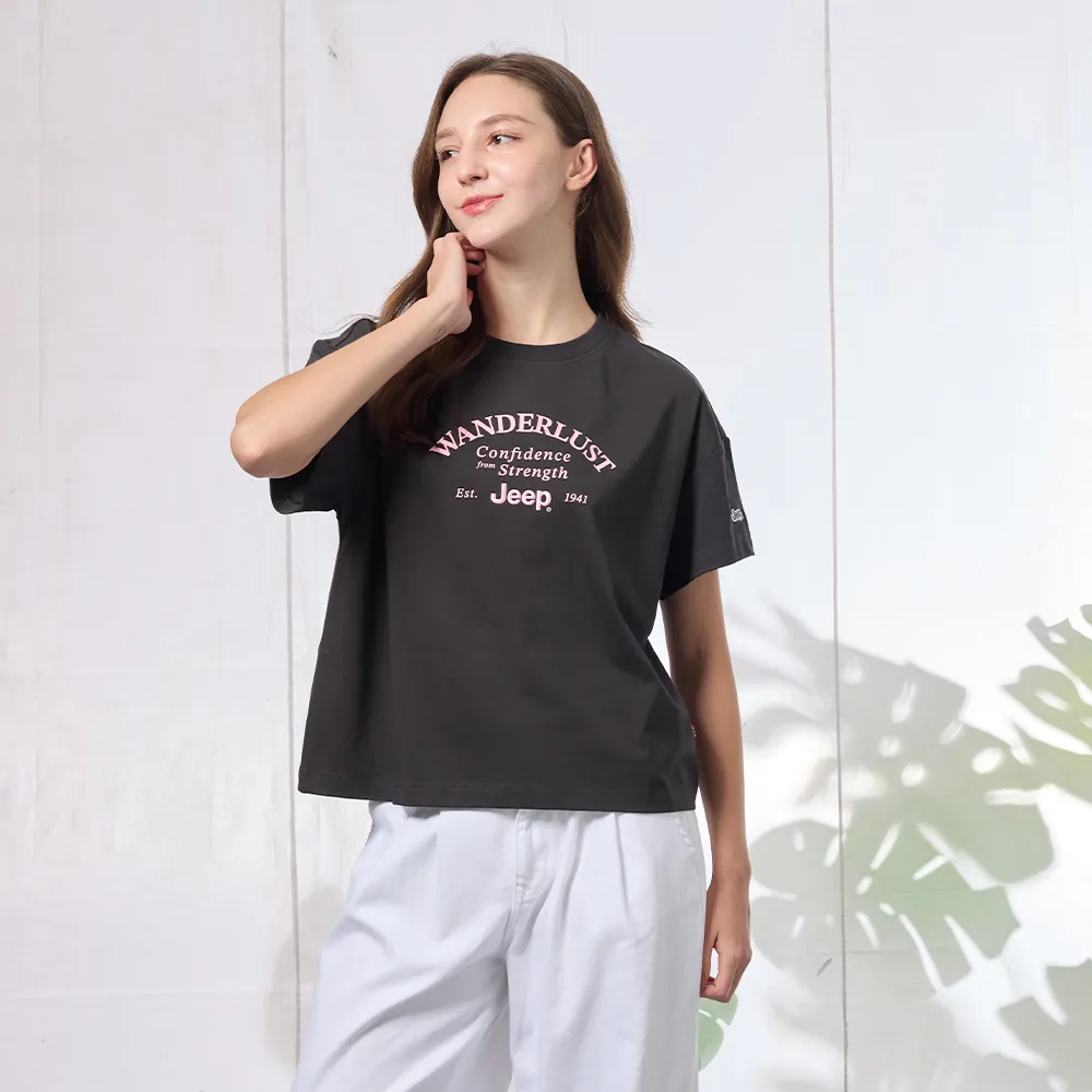 【JEEP】女裝 美式字母刺繡短袖T恤-深灰色