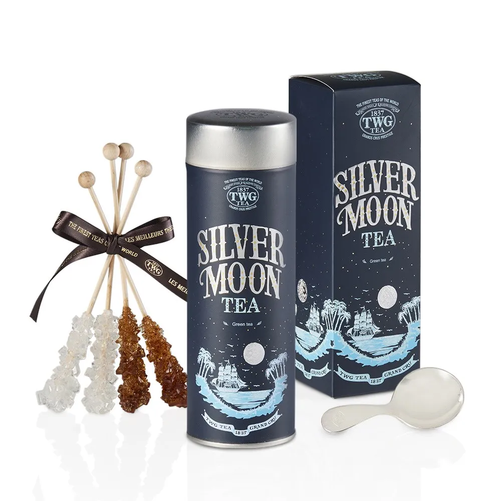 【TWG Tea】銀月綠茶茗茶禮物組 Silvermoon Tea(100g/罐+計量銀匙+茶糖棒)