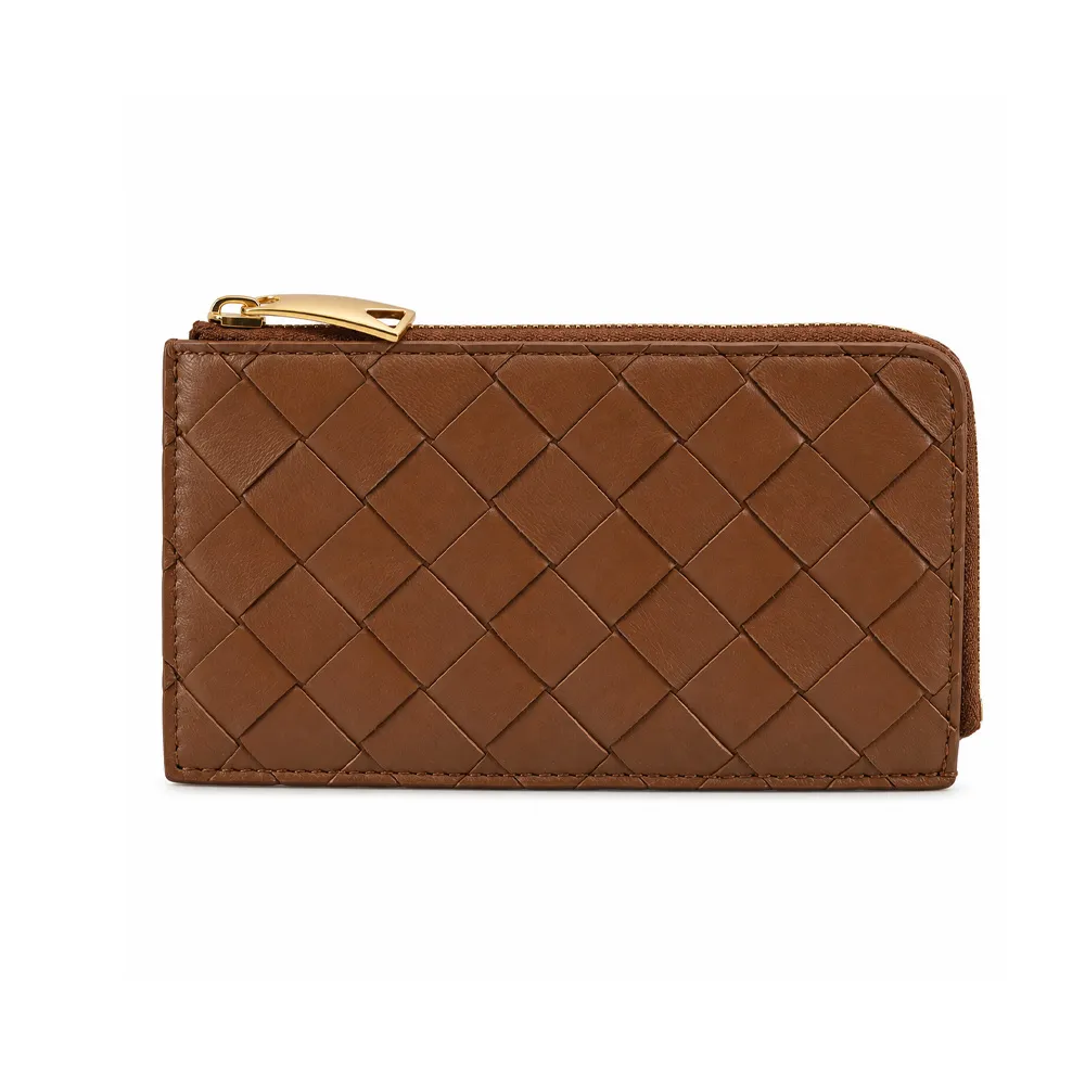 【BOTTEGA VENETA 寶緹嘉】經典編織小羊皮L型拉鍊卡夾(棕色)