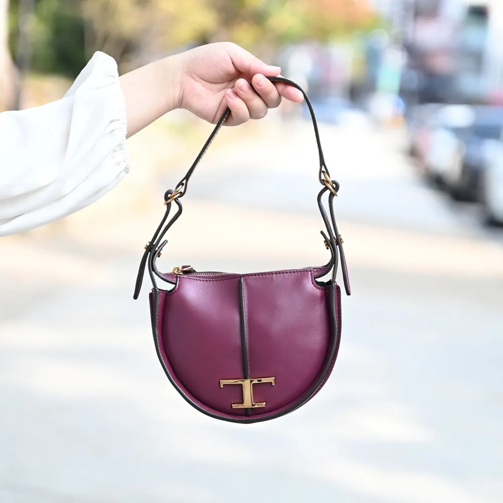 【TOD’S】TODS T Timeless 金屬雙T字LOGO小牛皮單肩小包手提包(紅紫)