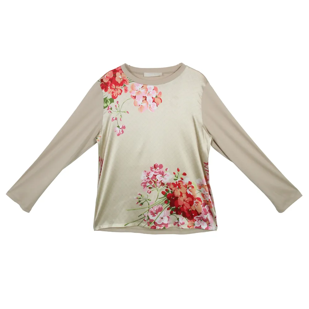 【Chlansilk 闕蘭絹】浪漫花朵拼接緞面蠶絲長袖上衣(米)