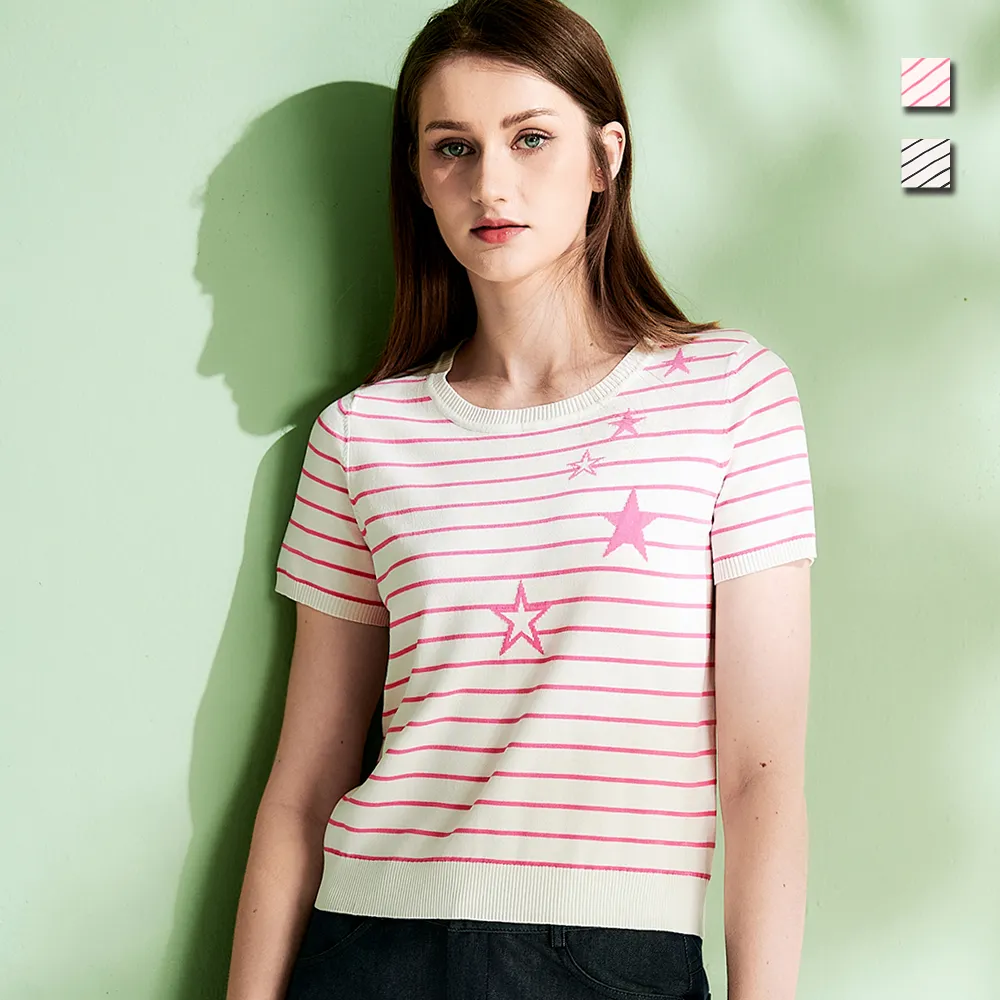 【TOWN’WEAR 棠葳】撞色星星設計針織衫 2色(女上衣/女上著/短袖/素色/拼接/休閒/條紋)