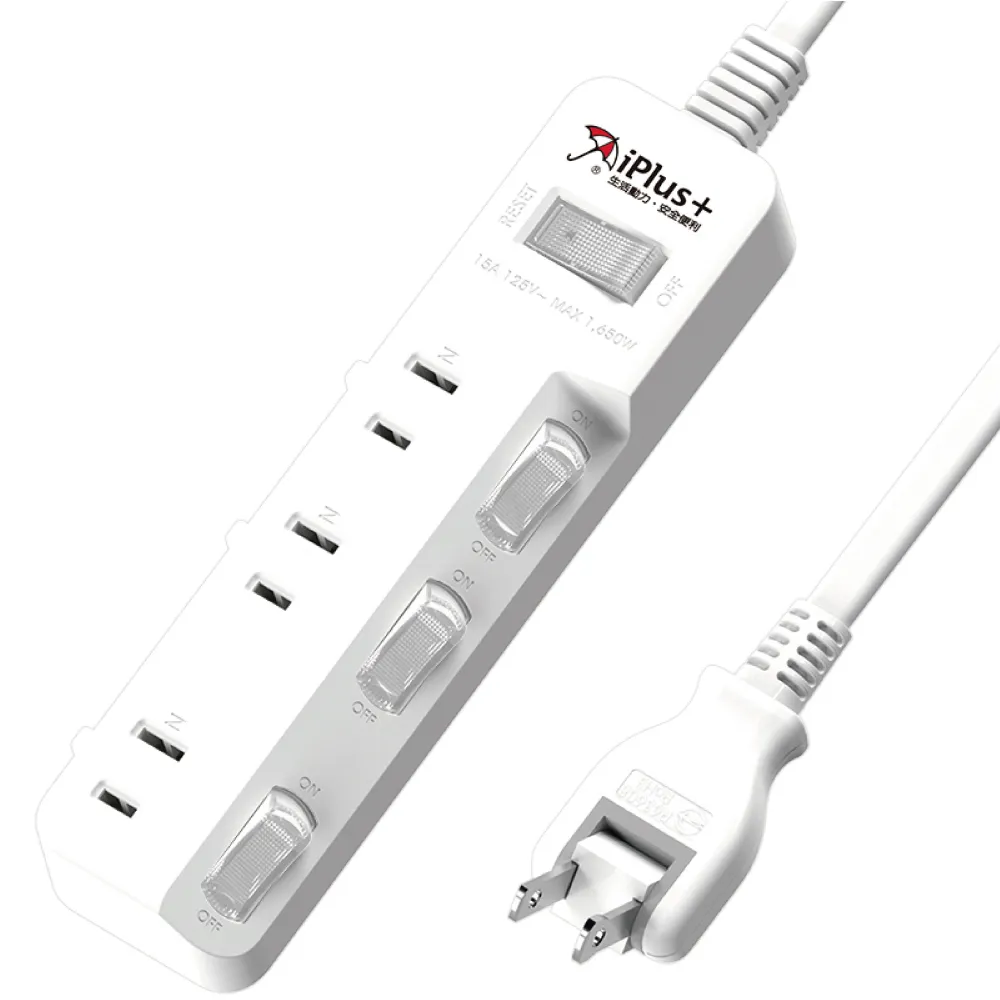【iPlus+ 保護傘】4切3座防火抗雷擊180度插頭延長線1.8m(PU-2436.台灣製)