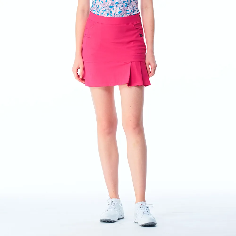 【KING GOLF】網路限定款-女款立體刺繡素面修身荷葉百褶A LINE短裙/高爾夫球裙-桃紅色