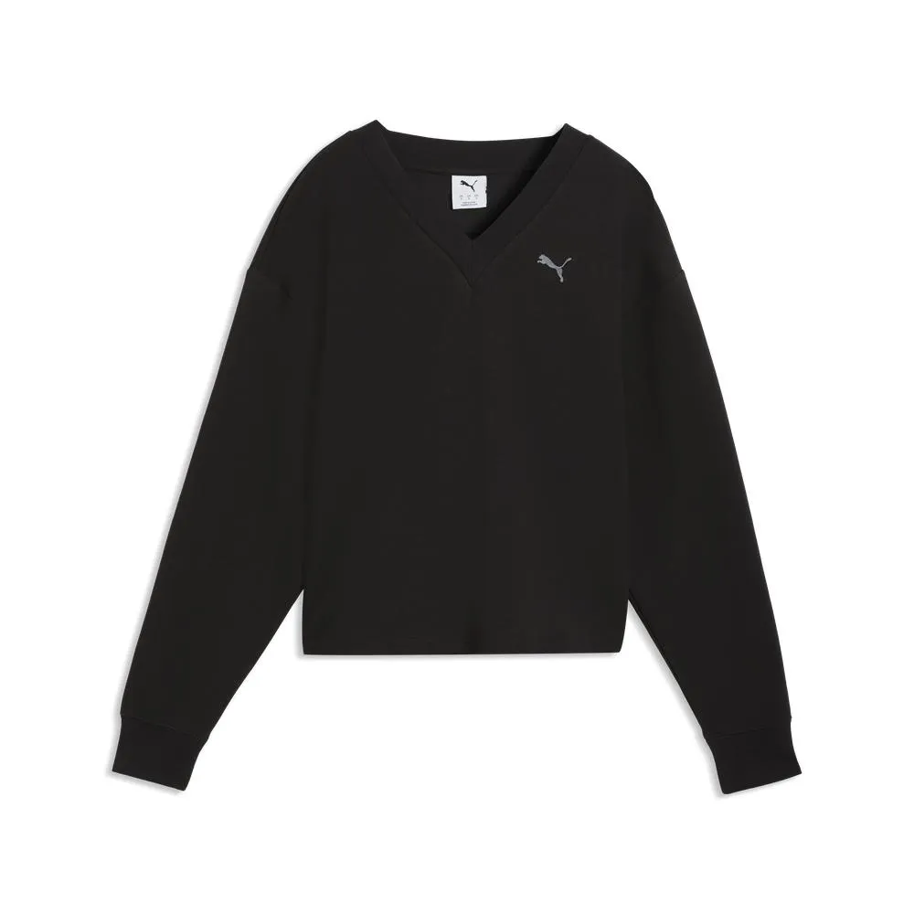 【PUMA官方旗艦】基本系列ESS ELEVATE 舒適V領衫 女性 69181601(長t 黑色)