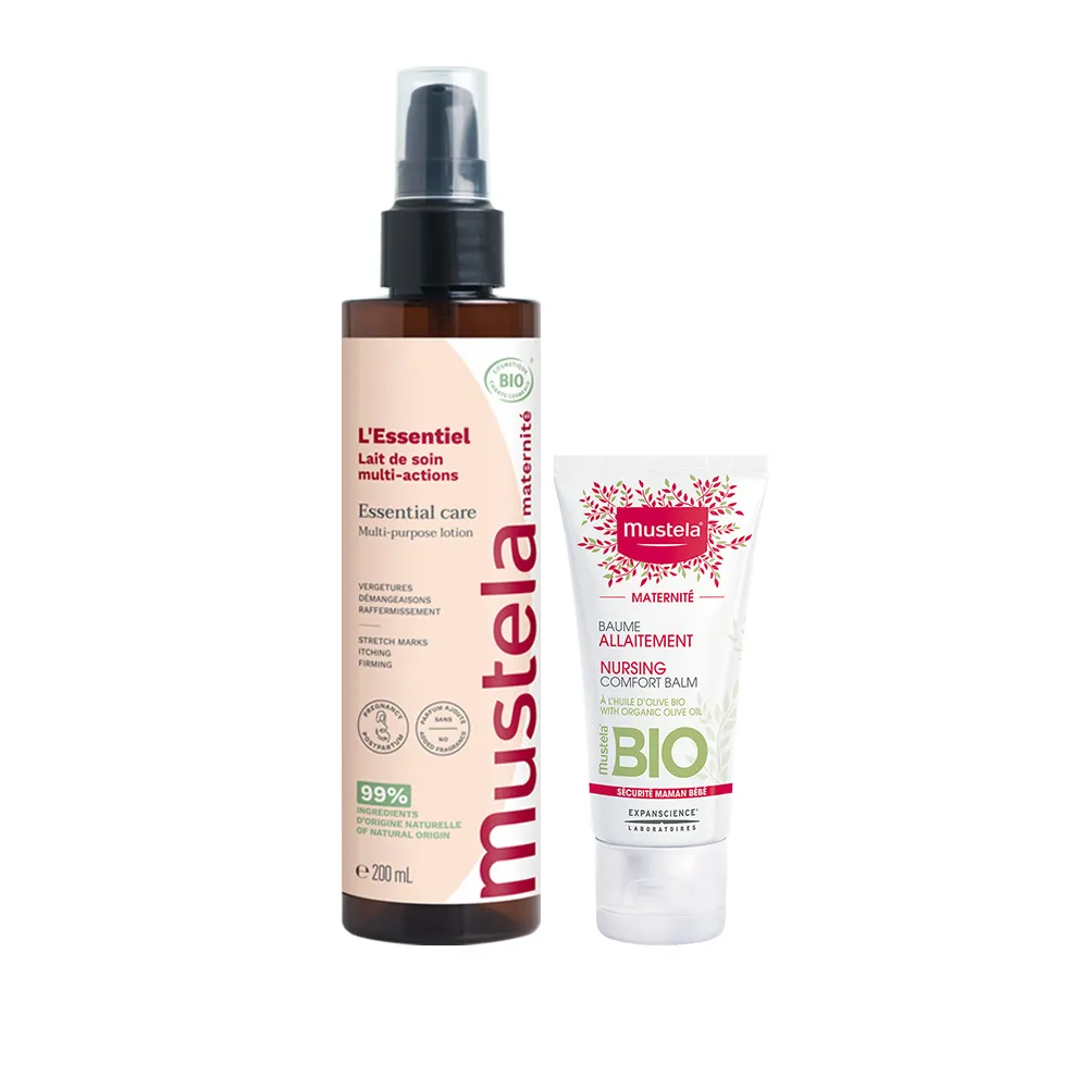 【Mustela 慕之恬廊】慕之孕 產後保養哺乳組(有機撫紋緊緻菁華乳200ml+哺乳照護膏)