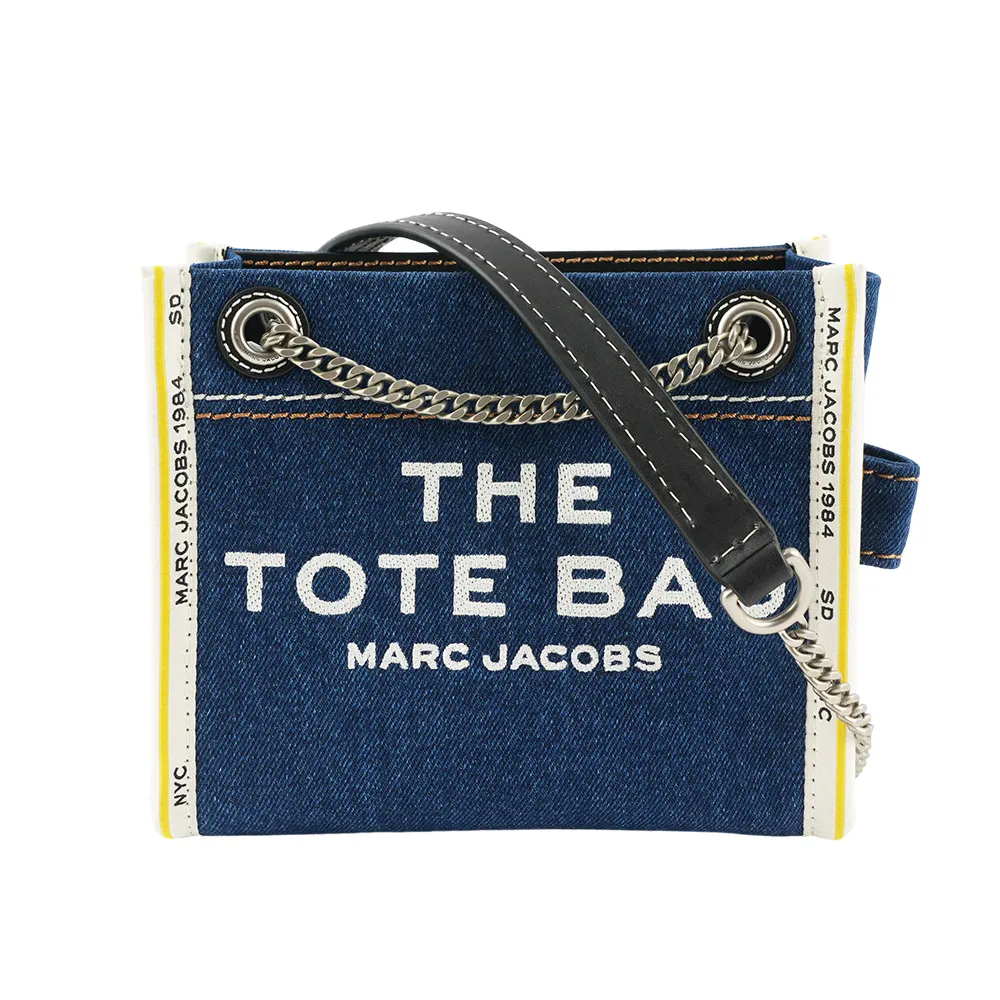 【MARC JACOBS 馬克賈伯】棉質牛仔布鏈帶肩背/斜背托特包(單寧藍)