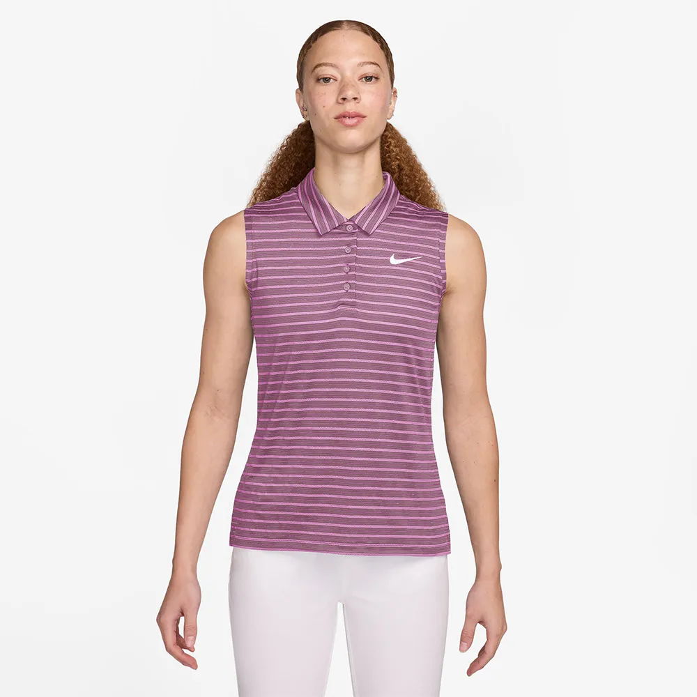 【NIKE GOLF】女款 Nike Victory DriFIT無袖條紋高爾夫球衫(梅子灰色/粉色)