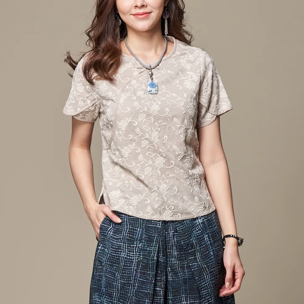 【古典美】斜襟刺繡配色上衣(茶禪服/中國風/國服/漢服/手染服/棉麻/亞麻/天然纖維)