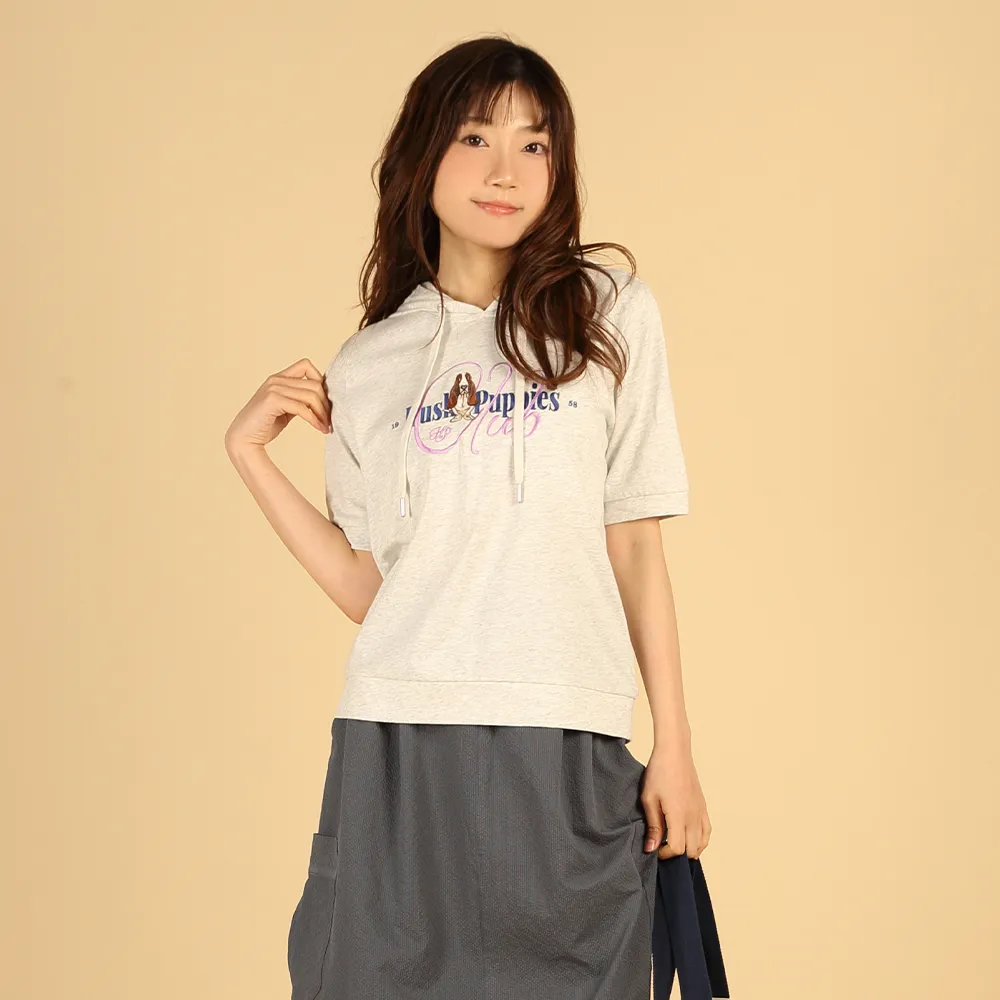 【Hush Puppies】女裝 帽T 造型英文刺繡狗帽T (麻灰 / 63202101)