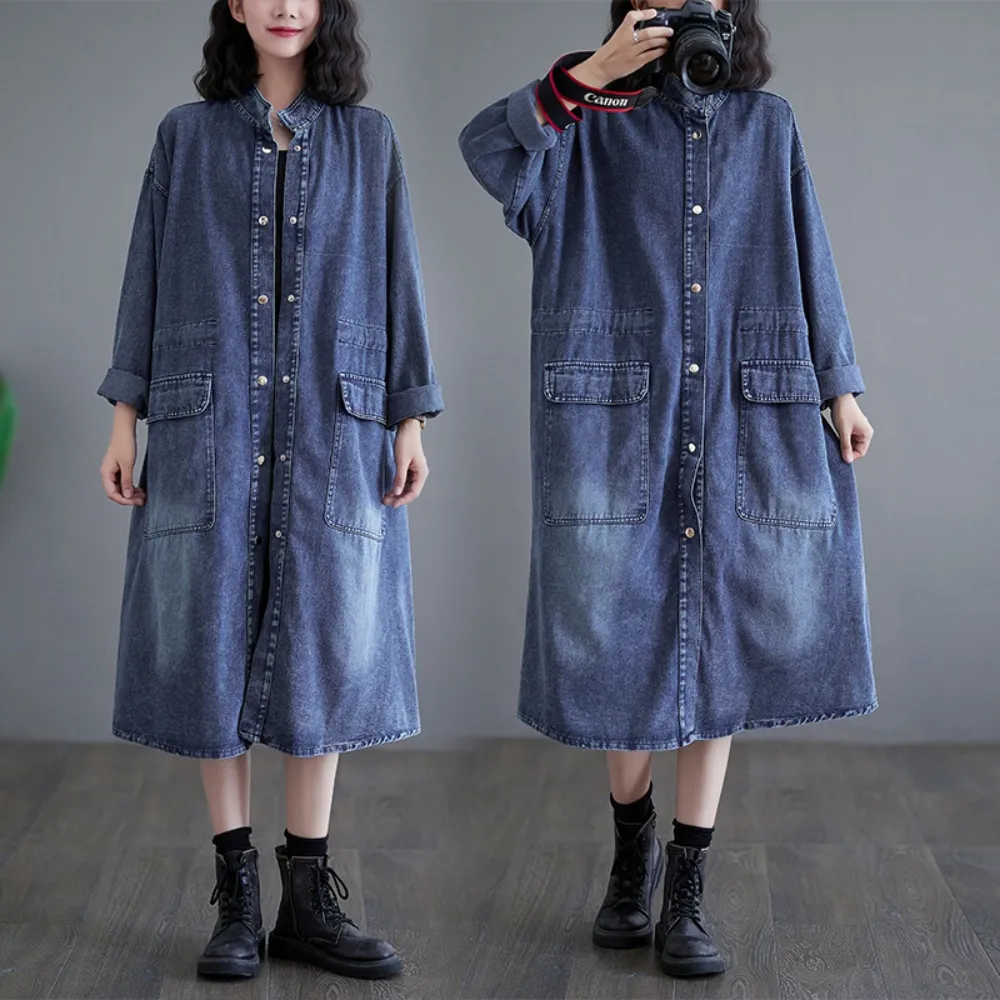 【巴黎精品】美式牛仔外套丹寧夾克經典牛仔襯衫休閒長袖上衣(寬鬆襯衫大口袋長版女外套n1jc76)