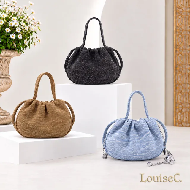 【LouiseC.】雙11 Tree House 韓國水洗牛仔布 銀球鍊帶束口 手提斜背小福袋桶包 4色 可調節鍊條設計 YS8187