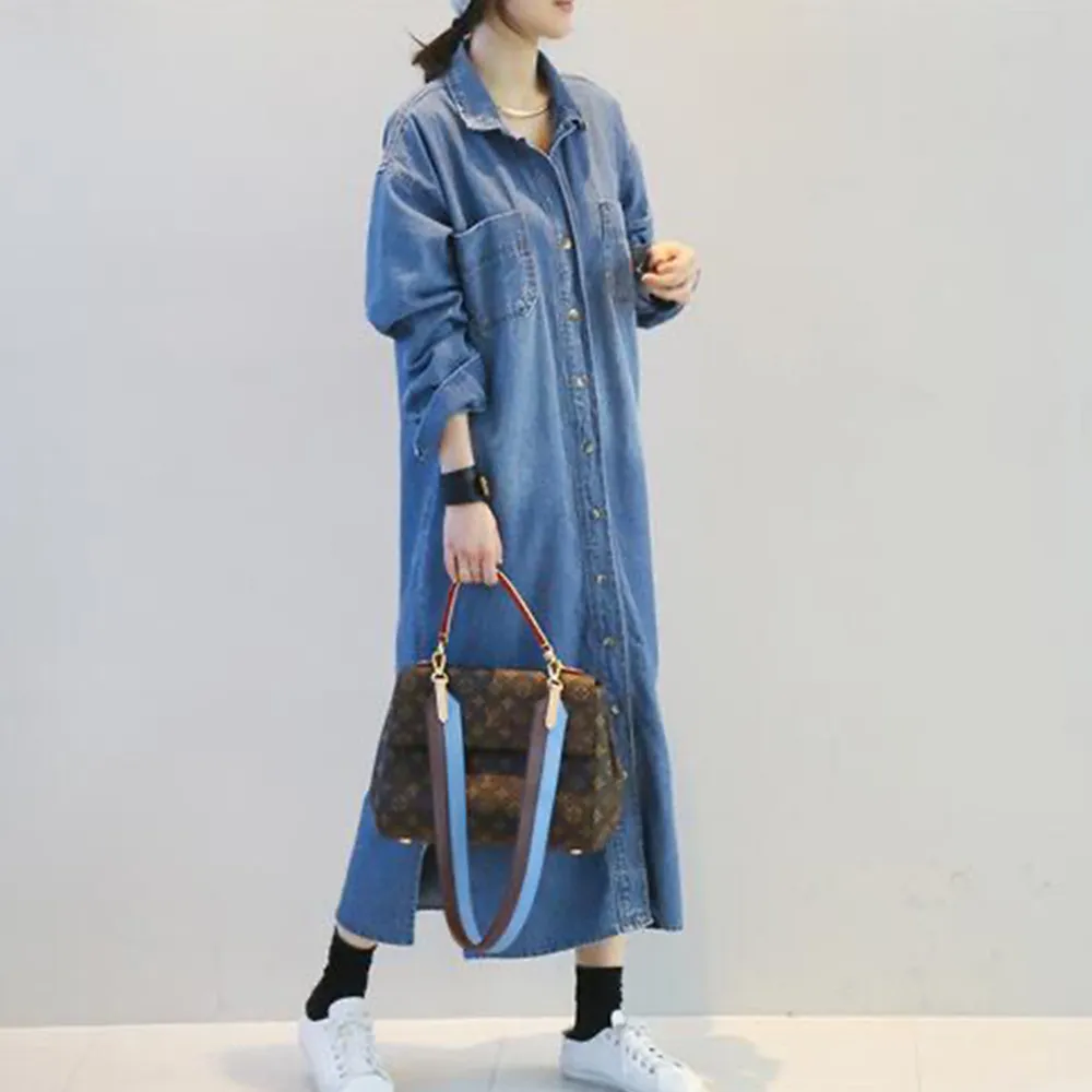【buyer 白鵝】刷色 休閒口袋長版洋裝外套(深藍)