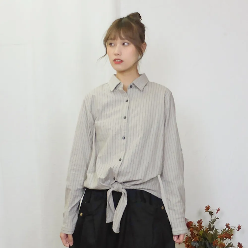【Hana Mokuba】花木馬日系女裝休閒條紋下襬綁帶襯衫(襯衫)
