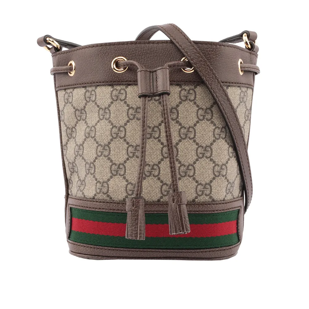 【GUCCI 古馳】GG Supreme Mini Ophidia 水桶斜背包(綠紅)