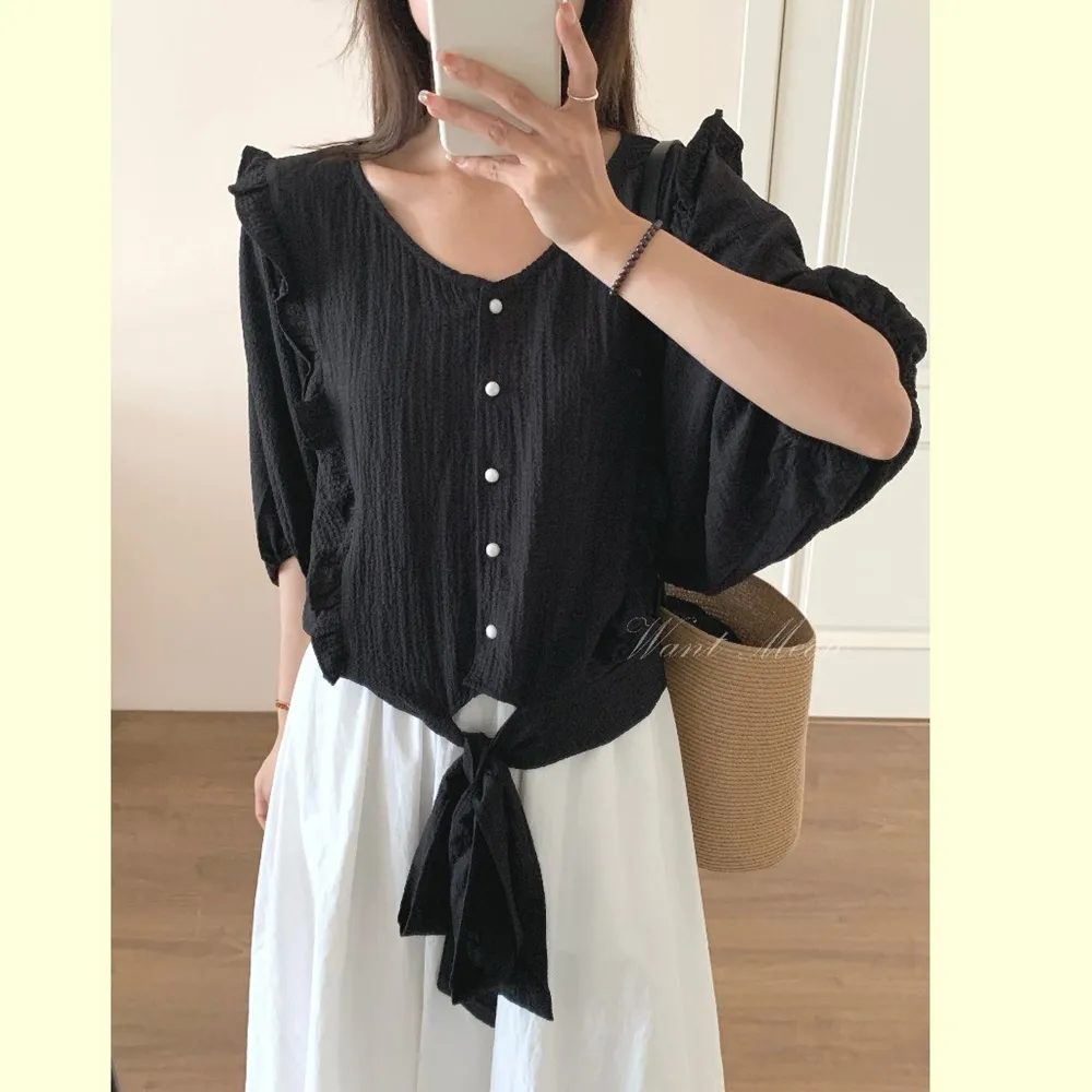 【Want-Meow】90公斤可穿/百搭韓系荷葉邊五分袖下綁帶上衣大學T短袖T(大碼上衣/大碼/大尺碼/短袖上衣)